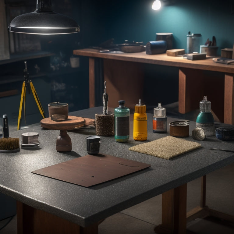 A well-lit workshop table with various polishing tools, including a grinder, polisher, and sandpaper, arranged around a partially polished concrete countertop sample with a gradual transition from rough to high-gloss finish.