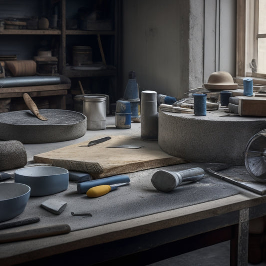 A cluttered workshop table with various concrete finishing tools scattered around, including a steel trowel, edger, float, and jointer, with a partially finished concrete slab in the background.