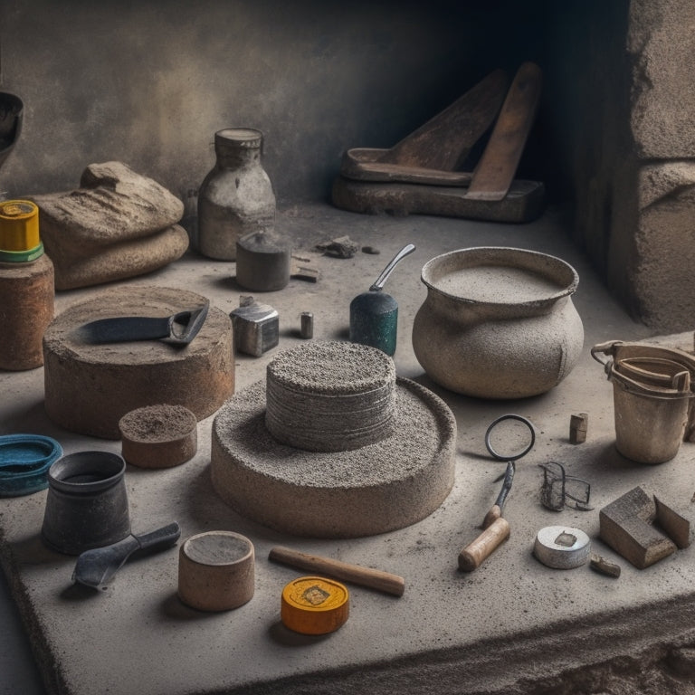 A messy workshop background with scattered concrete blocks, a beginner's blocklaying trowel with a worn handle, a level, a spirit level, a jointer, and a bucket of mortar mix, all arranged in a circular pattern.