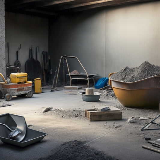 A cluttered construction site with various tools and equipment scattered around, featuring a prominent concrete block wall in the background, with a wheelbarrow, trowel, and level in the foreground.