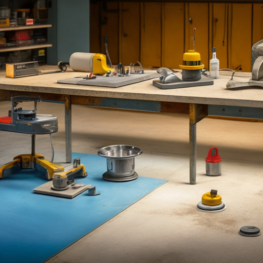 A well-organized workshop with various concrete polishing tools laid out on a metal table, including a grinder, polisher, and edger, with a partially polished concrete floor in the background.