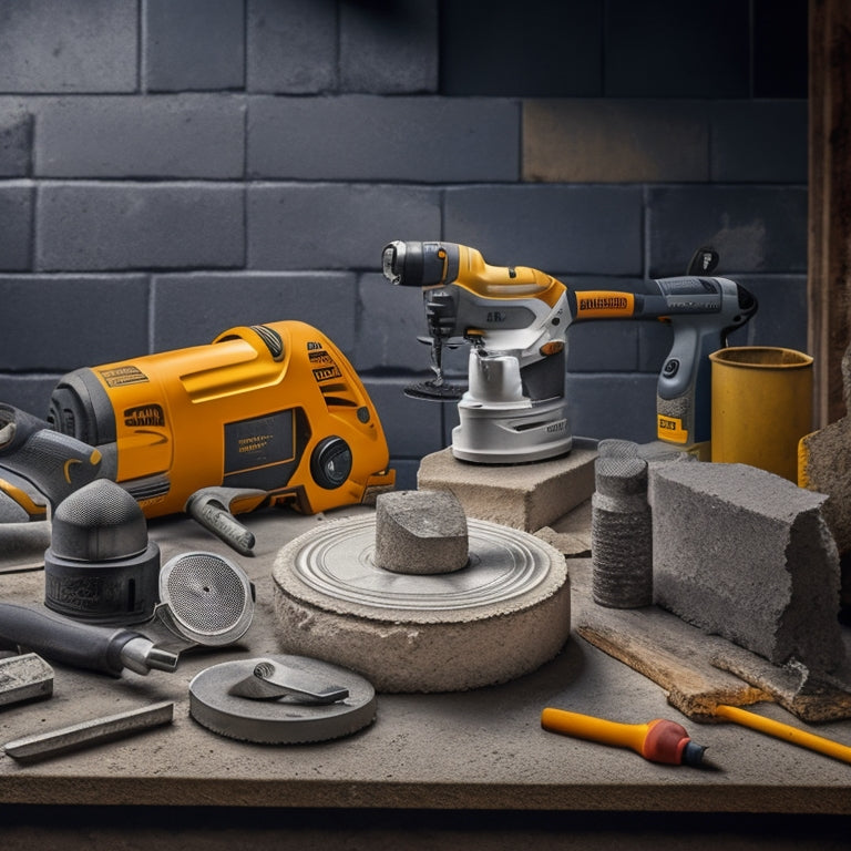 An image depicting a variety of concrete-cutting tools, including a circular saw with a diamond blade, a masonry blade, a rotary hammer, and a concrete splitter, arranged around a partially cut concrete block.