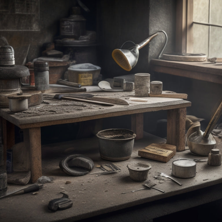 A cluttered workbench with various surface prep tools scattered about, including a wire brush, scraper, grinder, and trowel, surrounded by concrete fragments and dust, with a concrete masonry wall blurred in the background.