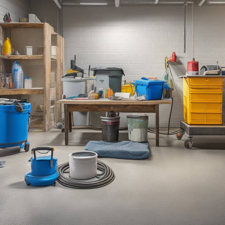 A clutter-free workspace with a concrete floor, various sized buckets, a pump-up sprayer, a microfiber mop, a wet/dry vacuum, and a toolbox with organized sealing supplies in the background.