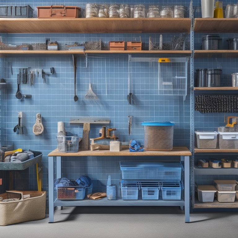 A clutter-free workshop with a pegboard on the wall, holding organized rows of concrete repair tools, alongside a shelving unit with labeled bins and a stack of clear storage totes.