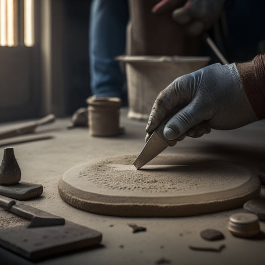 A close-up of a skilled craftsman's hands holding a specialized trowel, surrounded by various decorative concrete repair tools, with a blurred background of a restored, ornate concrete floor.