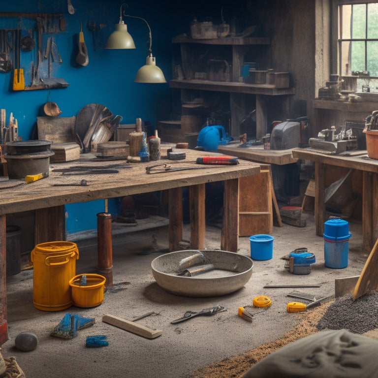 A messy workshop scene with a concrete slab in the center, surrounded by various DIY tools like trowels, grinders, and stamps, with a few decorative concrete samples in the background.