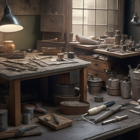 A cluttered workbench with a variety of tools scattered around, including a trowel, level, mixing bucket, and power drill, surrounded by concrete samples and building plans in the background.