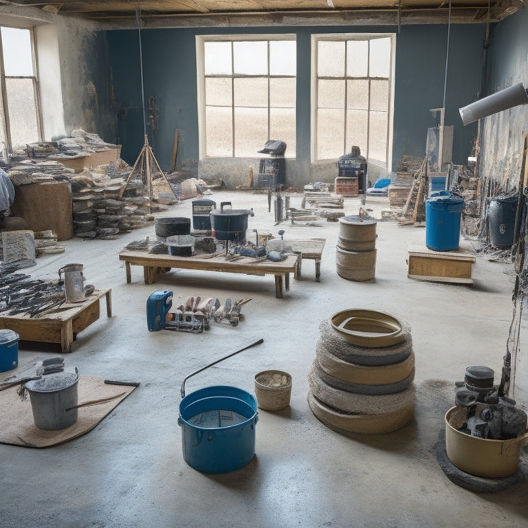 A well-organized workshop with a variety of tools laid out, including a concrete mixer, trowels, edgers, and sealers, with a partially completed sealed concrete floor in the background.