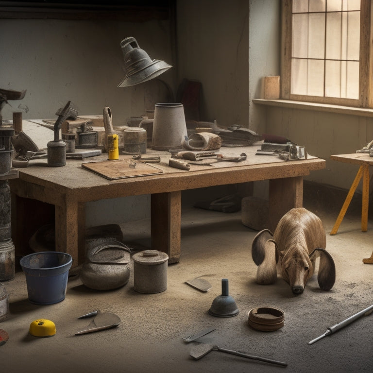 A cluttered workshop table with various concrete finishing tools scattered around, including a bull float, edger, trowel, and level, with a half-finished concrete slab in the background.