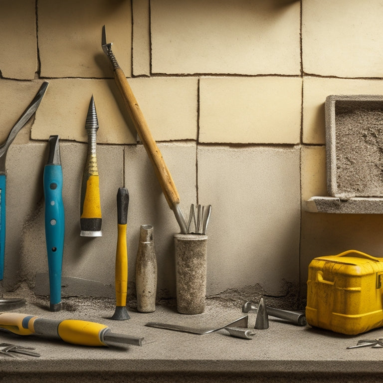 A rugged, worn concrete wall with visible cracks and imperfections, surrounded by scattered generic tools like hammers and screwdrivers, with a few specialized tools like a concrete drill and trowel in the corner.