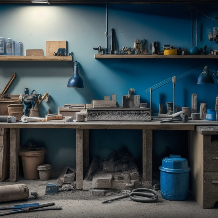 A cluttered workshop background with concrete blocks stacked in the corner, surrounded by scattered tools, including a trowel, level, jointer, and sealant applicator, with a few tools hanging from pegboards.