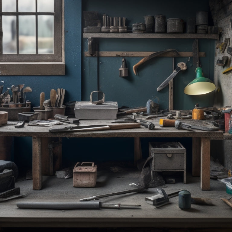 A cluttered workbench with various hand tools scattered around a partially built concrete block wall, with a level, trowel, and jointer prominently displayed.