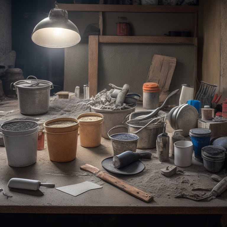 A cluttered workshop table with a variety of affordable tools, including a trowel, level, and mixing bucket, surrounded by concrete mix bags and scattered repair materials.