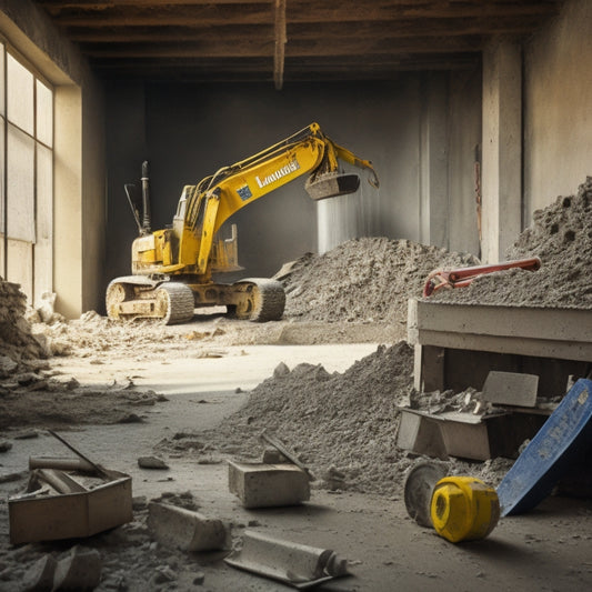 A cluttered construction site with a partially demolished concrete wall in the background, surrounded by scattered debris and dust, featuring a prominent sledgehammer, jackhammer, and safety goggles in the foreground.