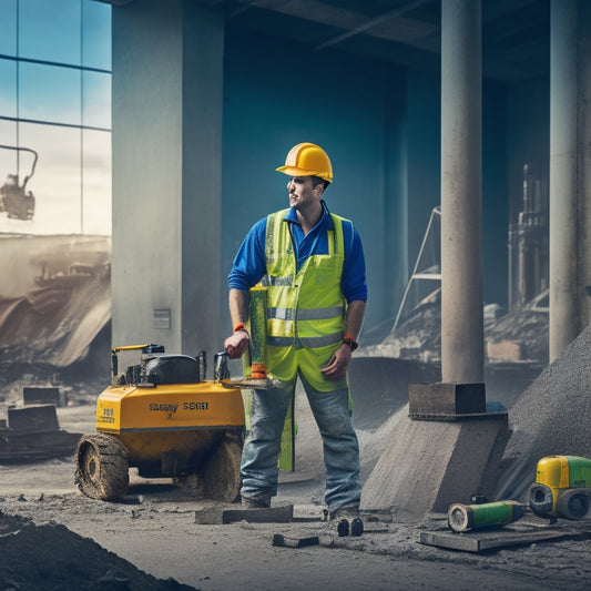 A photograph of a person in a hard hat and safety vest standing in front of a concrete cutter, with various tools and machinery scattered around them, amidst a partially demolished concrete wall.