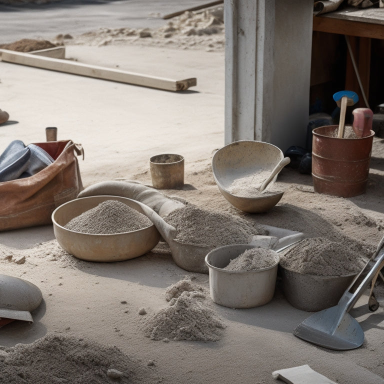 A messy construction site with a beginner-friendly concrete mixer, surrounded by various tools such as a shovel, trowel, and level, amidst scattered concrete bags and scattered aggregate.