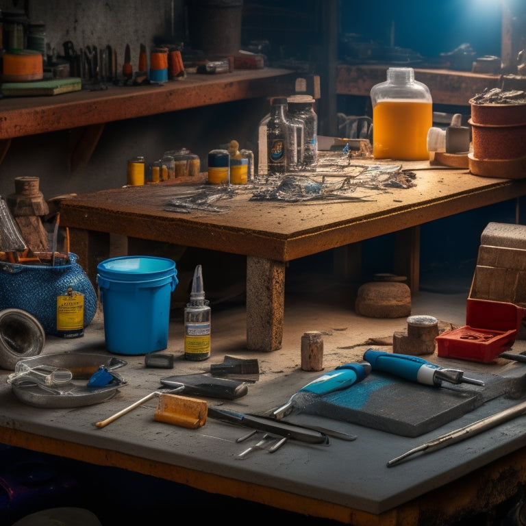 A cluttered workbench with a cracked concrete slab in the background, surrounded by epoxy resin, crack injection kits, chisels, safety goggles, and other essential tools for concrete crack repair.