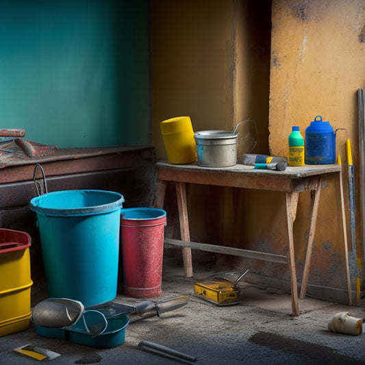 A cracked concrete wall with a bucket, trowel, and tubes of epoxy or polyurethane nearby, surrounded by scattered repair tools and a step ladder in the background.