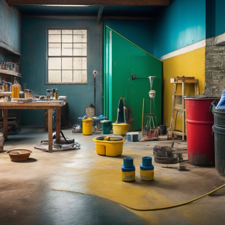 A messy workshop with scattered concrete floor staining tools, including a high-gloss finish applicator, a sprayer, and a bucket of stain, surrounded by concrete floor samples with varying sheens and colors.