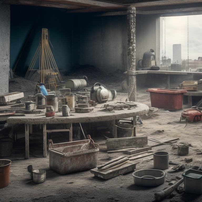 A messy construction site with scattered tools, concrete mixers, and half-built structures; a prominent toolbox in the center, opened to reveal organized rows of trowels, levels, and drills.