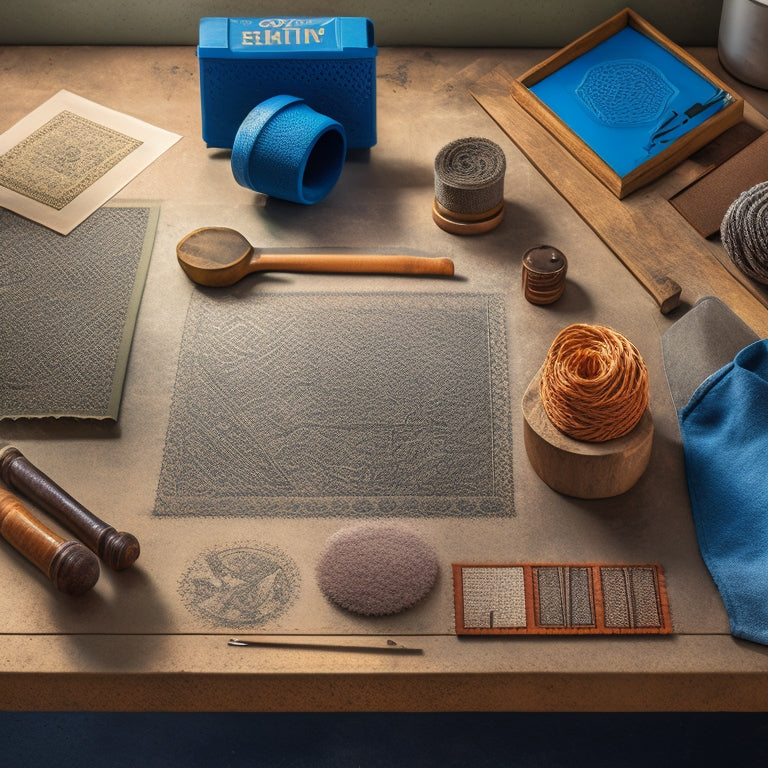 A photograph of a well-organized workstation with various stamping tools, including patterned mats, texture skins, and stamping pads, laid out on a table against a concrete wall with subtle texture and shadow.