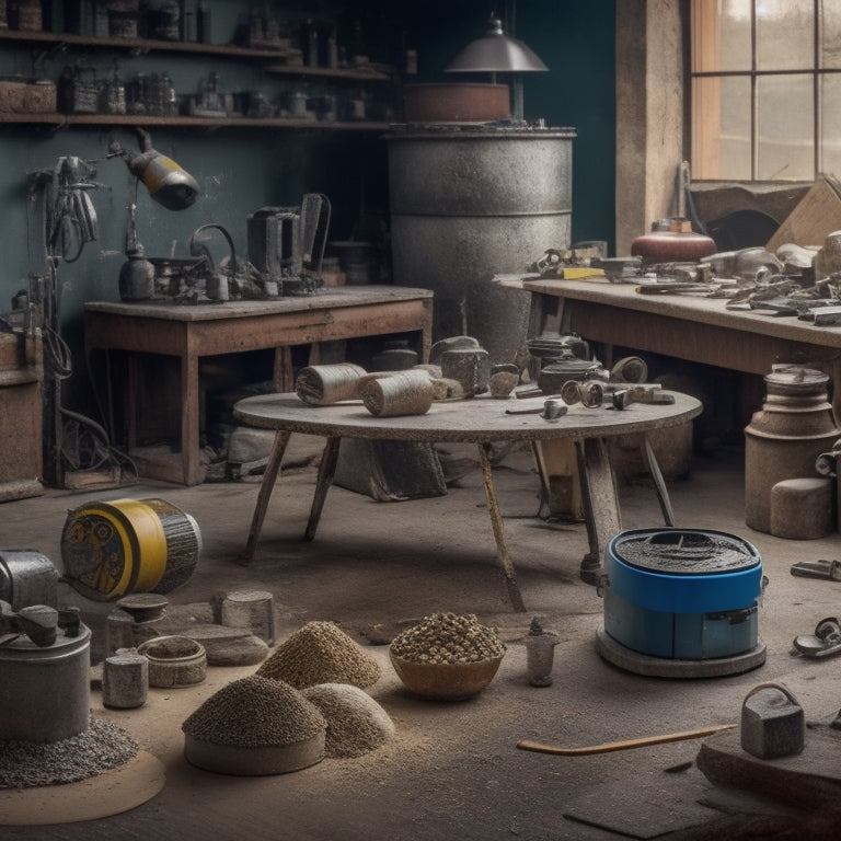 A cluttered workshop background with various concrete grinding and polishing tools scattered around, including a walk-behind grinder, handheld polishers, and a variety of metal and resin-bonded diamonds.