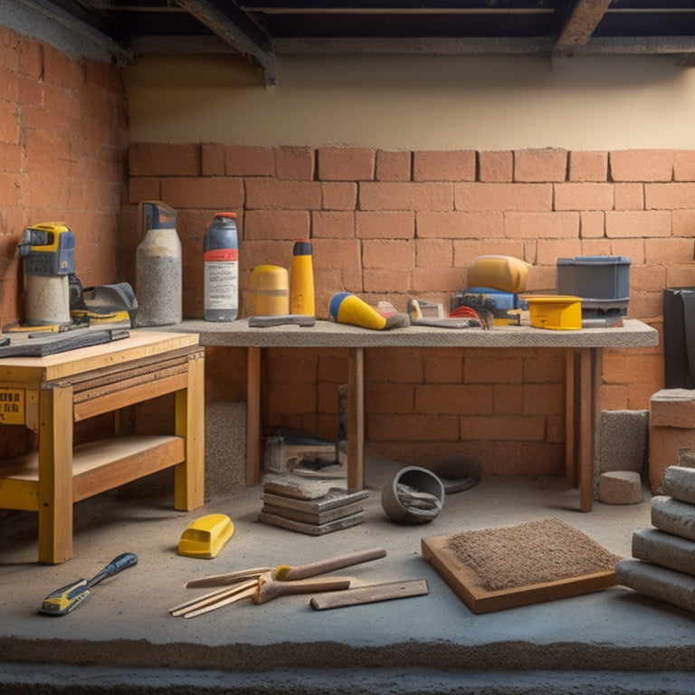 An image of a masonry worker's workstation, featuring a level, trowel, jointer, and spirit level, surrounded by concrete blocks, sand, and a partially built wall with neat, uniform joints.