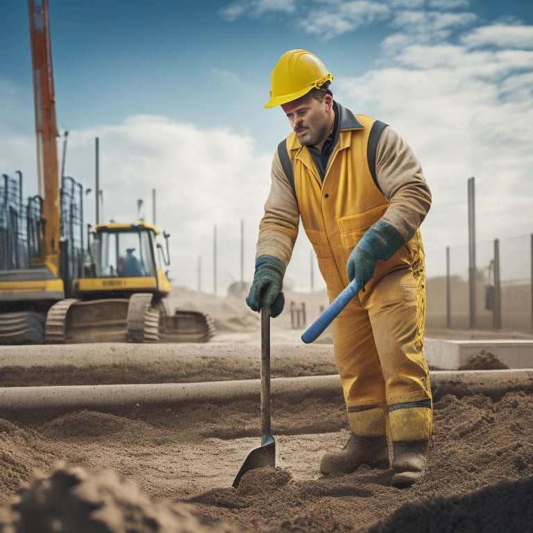 An illustration of a person wearing a yellow hard hat and gloves, holding a shovel and standing in a trench, surrounded by concrete mix, rebar, and various tools, with a partially laid concrete fence foundation in the background.