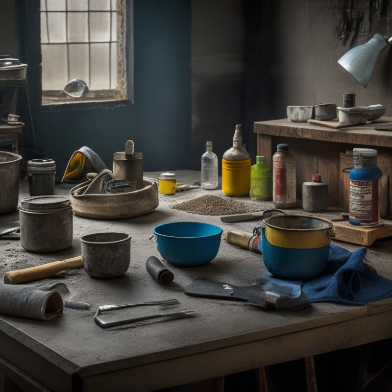 A cluttered workshop table with various tools and materials scattered around, including a stained concrete sample, a grinder, a trowel, a bucket of sealant, and a pair of gloves, with a subtle background of a concrete floor.