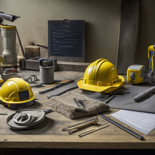 A clutter-free workshop with a central concrete finishing tool, surrounded by smaller tools and equipment, with a checklist on a clipboard in the foreground, and a yellow hard hat nearby.