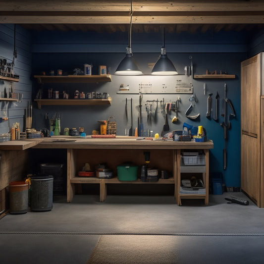 A well-lit, organized garage with a workbench and cabinets, featuring a variety of DIY concrete finishing tools, including trowels, floats, and edgers, laid out neatly alongside a partially finished concrete floor.