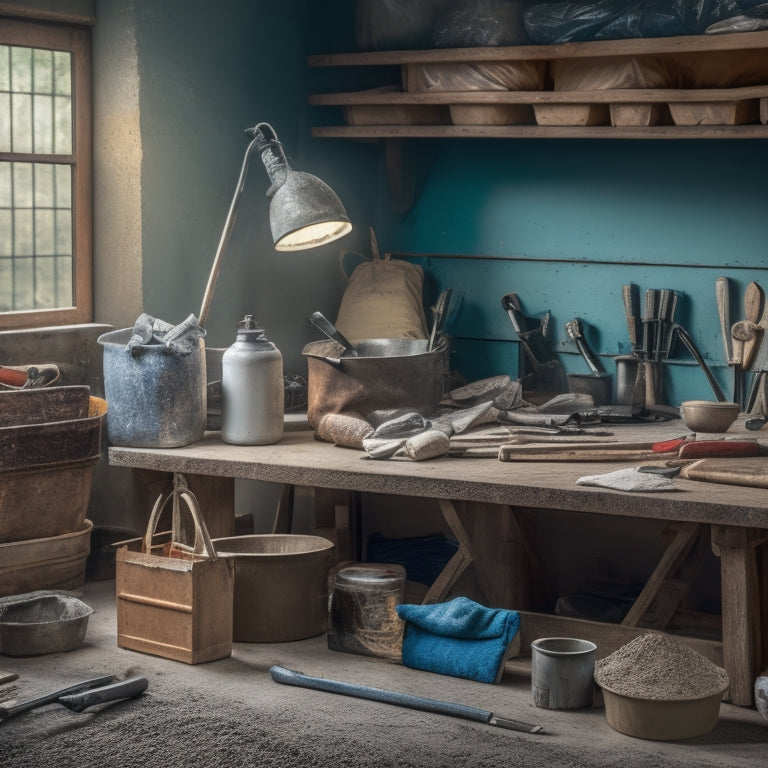 A cluttered but organized workbench with a variety of small concrete tools, including a mixing bucket, trowel, edger, and level, surrounded by bags of cement and aggregate.