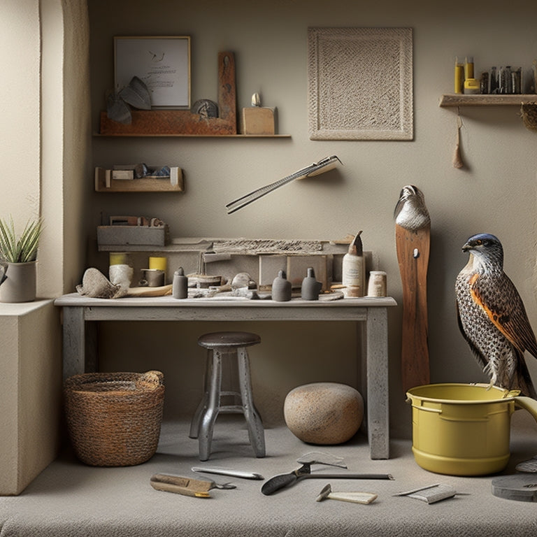 An image featuring a stucco finisher's workstation with a variety of tools, including a hawk, trowel, edger, and mixer, surrounded by samples of smooth, textured, and patterned stucco finishes.