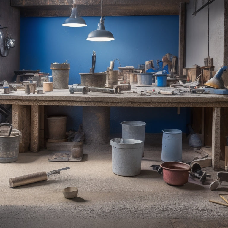 A cluttered workbench with a concrete mixer, trowels, edgers, and a level in the background, with a partially finished concrete slab in the foreground, surrounded by scattered tools and scattered concrete dust.