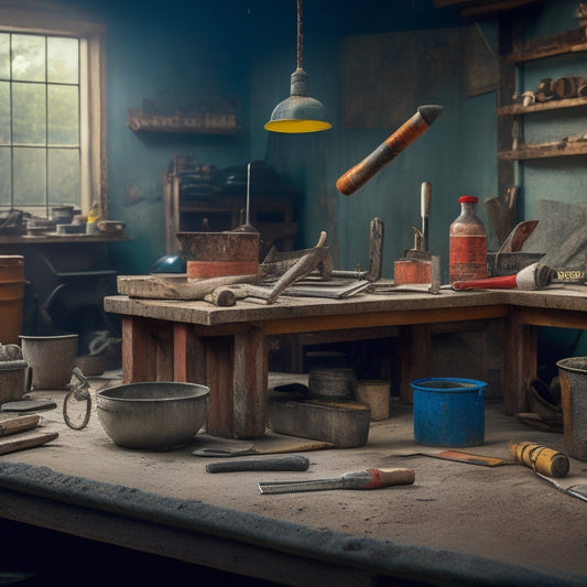 A cluttered workshop background with a central table displaying a variety of used concrete tools, including a trowel, level, and mixer, with a few tools having price tags attached.