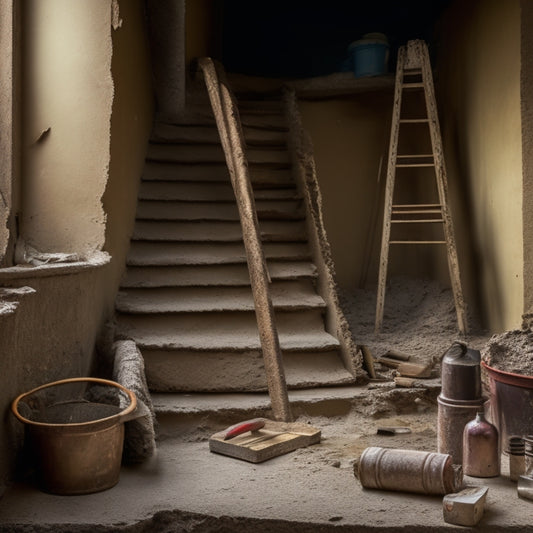 A worn, crumbling concrete staircase with a large crack in the middle, surrounded by scattered tools, including a trowel, a hammer, and a mixing bucket, with a faint hint of a repair underway.