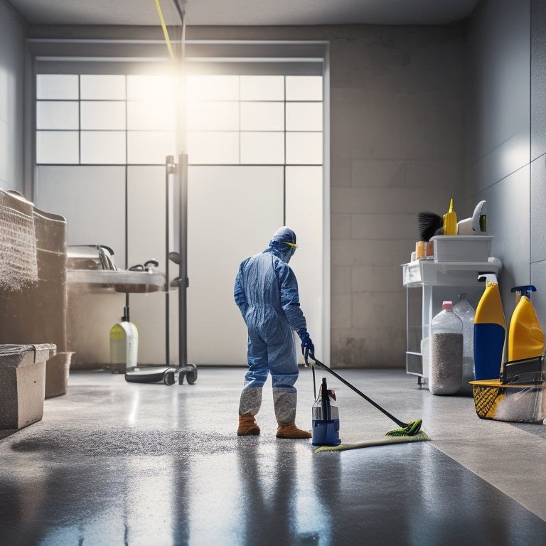 A person in protective gear, surrounded by sealed concrete floors, holds a variety of cleaning tools, including a mop, scrub brush, and spray bottle, with subtle reflections and shadows.