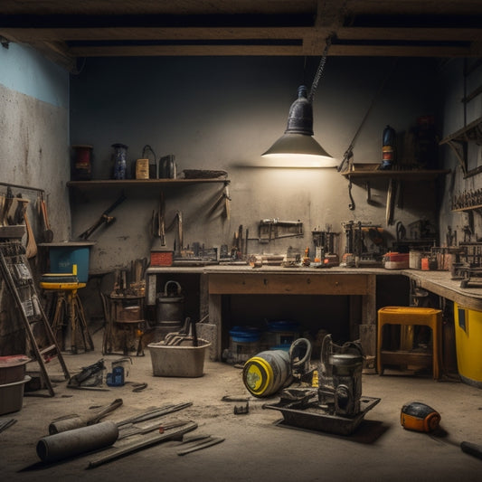 Illustrate a cluttered, well-lit workshop with a concrete wall under construction in the background, surrounded by various tools like trowels, mixers, and safety gear organized on shelves and tables.