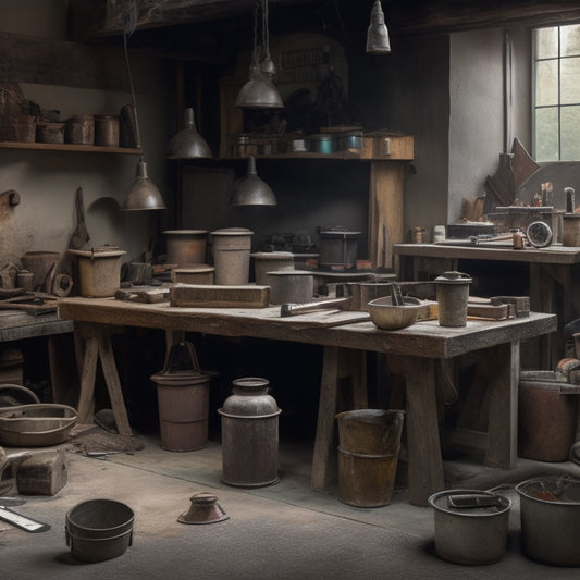 A cluttered workshop with various tools scattered on a workbench, including tamping tools, texture mats, and stamping tools, surrounded by buckets, mixers, and a partially completed stamped concrete wall in the background.