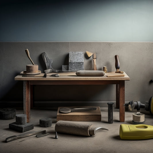 A photograph of a tidy workshop bench with a selection of neatly arranged concrete block laying tools, including a spirit level, trowel, jointer, and rubber mallet, against a clean, gray concrete background.