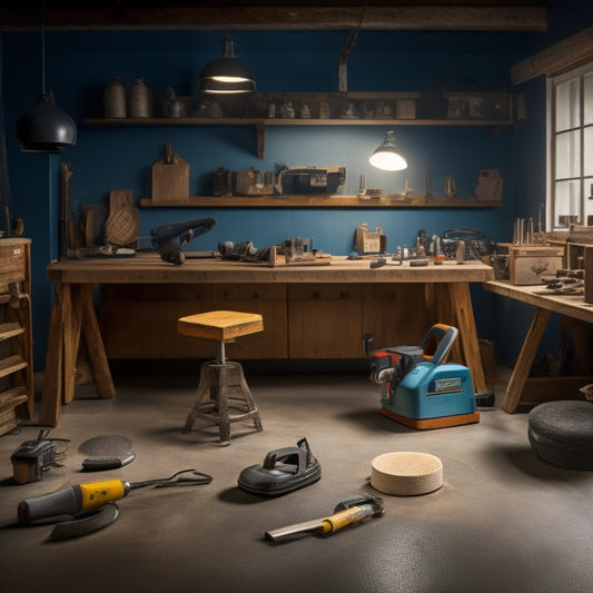 A well-lit, organized workshop with concrete flooring, featuring a selection of DIY tools, including a floor grinder, edger, trowel, and polishing pads, arranged artfully on a wooden workbench.