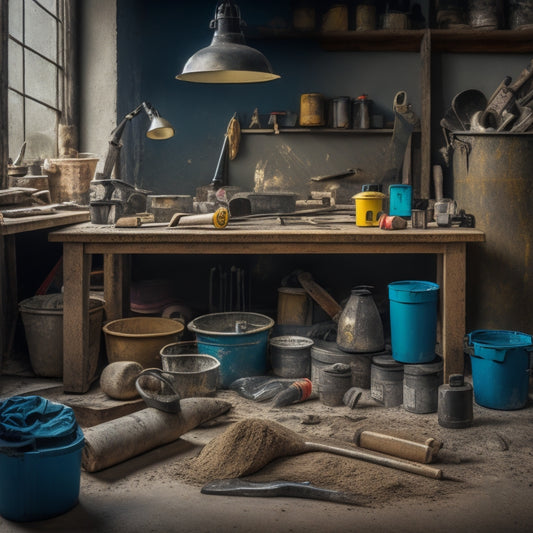 A cluttered workbench with a variety of DIY concrete repair tools, including a trowel, level, mixing bucket, and drill, surrounded by concrete mix bags and scattered tools.