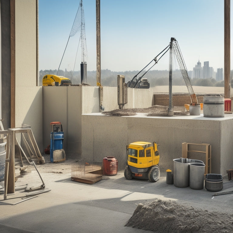 A construction site with a half-built concrete block wall, showcasing various tools scattered around, including a mixer, trowel, level, and jointer, with a subtle cityscape in the background.