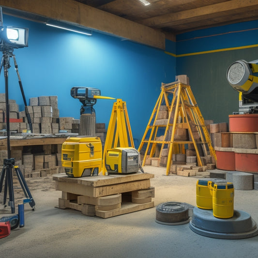 A cluttered workshop with a concrete mixer in the background, surrounded by stacks of concrete blocks, a spirit level, trowels, and a budget-friendly laser level on a tripod in the foreground.