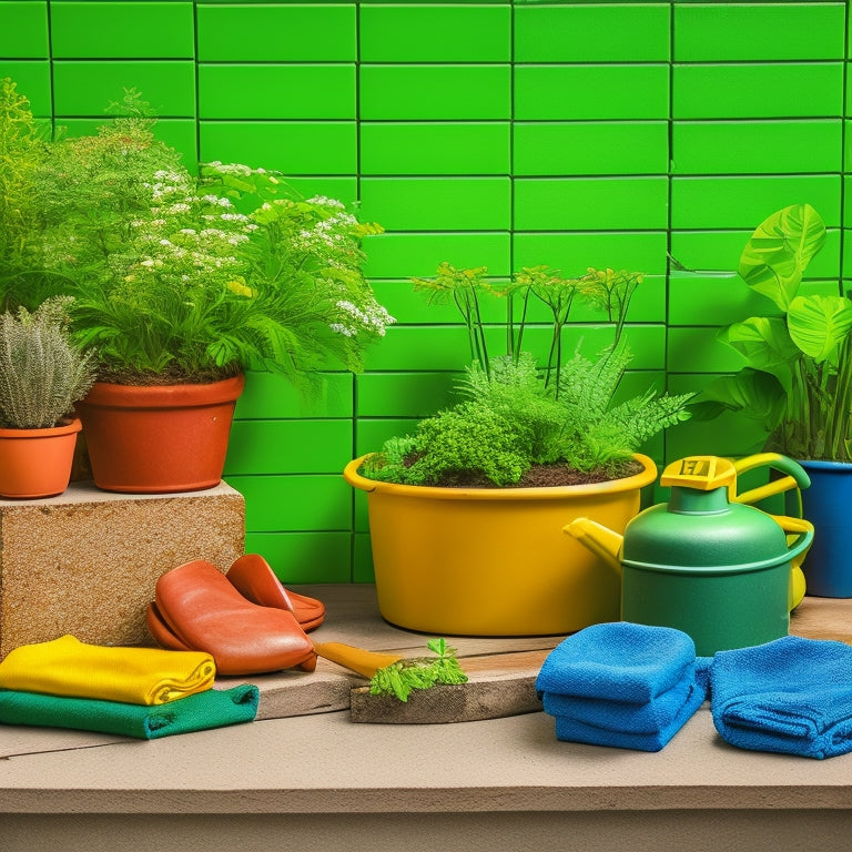 A colorful arrangement of concrete blocks, gardening gloves, a trowel, a level, a watering can, and a few small potted plants on a rustic wooden table or bench amidst a lush green background.