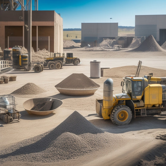 A cluttered construction site with a variety of concrete tools scattered around, including trowels, floats, and mixers, with a faint concrete mixer truck in the background, surrounded by piles of aggregate and sand.