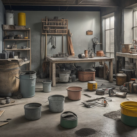 A cluttered workshop with a concrete floor in the background, featuring a variety of tools and equipment, including a drum mixer, trowels, and buckets, with a prominent concrete sealer can in the foreground.