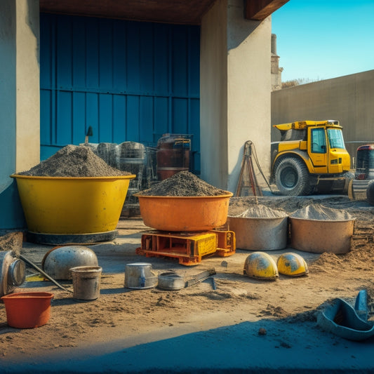 A cluttered but organized construction site with various concrete tools and equipment, including a cement mixer, trowels, and safety gear, set against a backdrop of a partially built concrete structure.