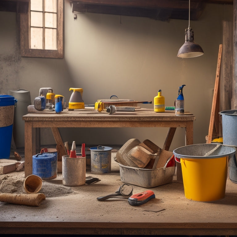 A cluttered workshop table with a mixing bucket, trowel, level, safety goggles, and a concrete mixer in the background, surrounded by scattered tools and construction materials.